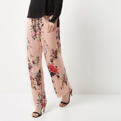 Pink floral print wide leg trousers